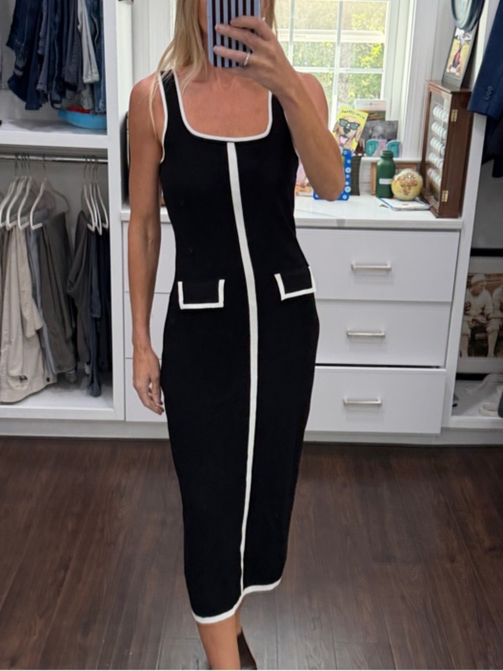 Amazon Black Knit Midi Dress with White Trim